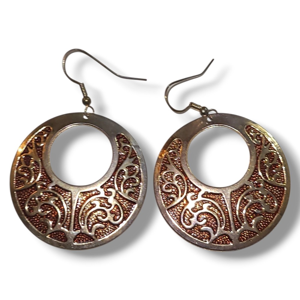 Vintage Bronze Tone Embossed Open Circle Dangle Earrings Boho